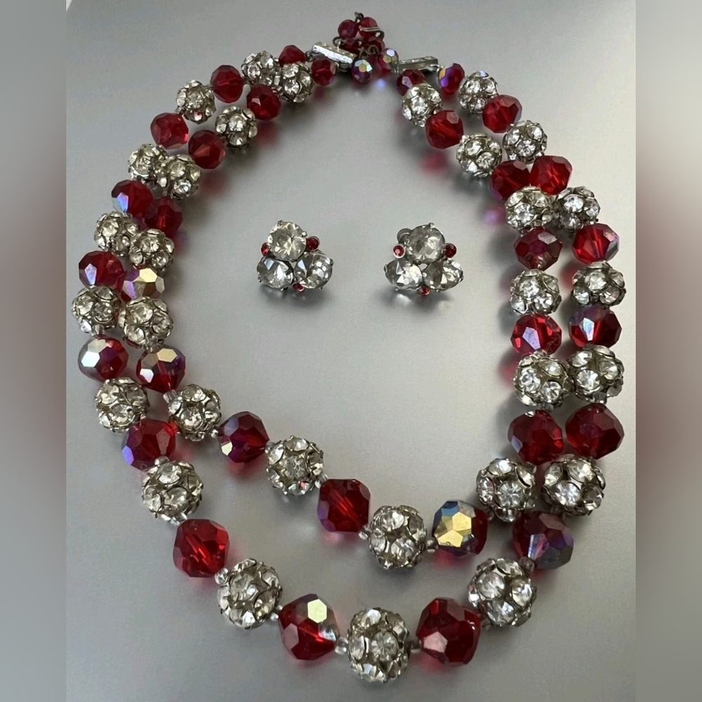EVC STUNNING RED AB Crystal & Rhinestone Beads 2 Strand Necklace/EARRINGS